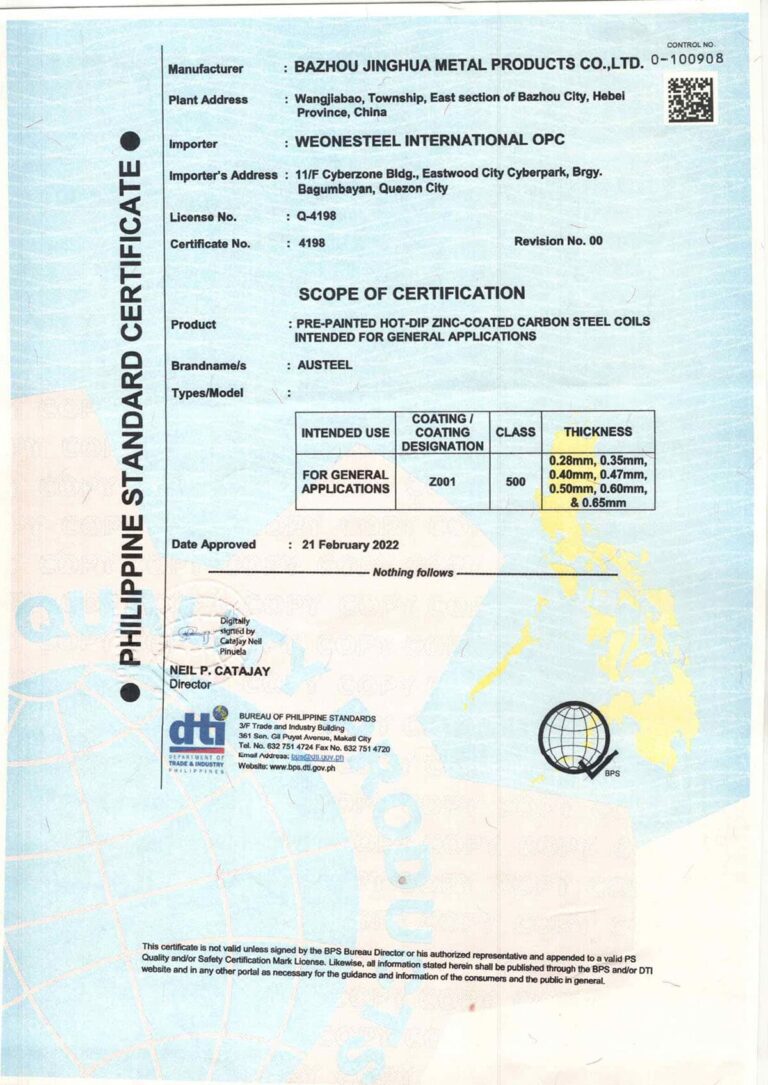 jinghua zhaojian Philippine standard quality certification